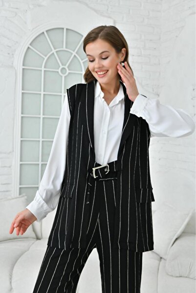 ZAVERA WOMAN Women's Crepe Fabric Striped 3-Piece Set - Women's Clothing - Stylish Set Vest - Shirt - Pants