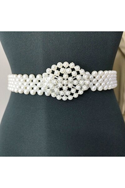 FashionForYou Pearly B elastic pearl belt, with decorative metal buckle, Ovalyn White