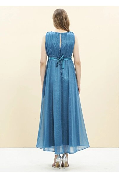 Genel Markalar Mavi Simli Uzun Abiye Hamile Elbise