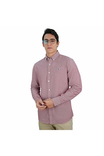Giordano Men's Cotton Oxford Shirt - Small Lion Embroidery, Slim Fit, Full Button