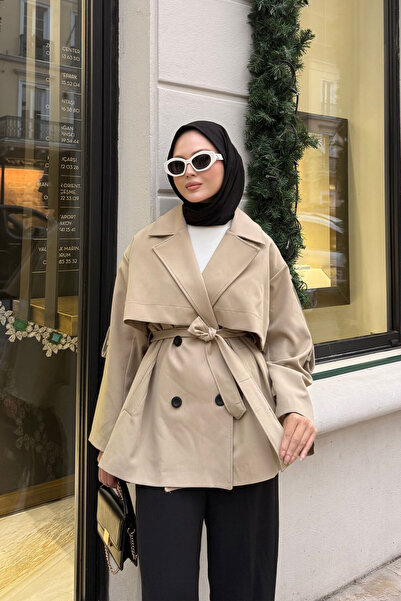 LOCCO Kadın Önü Parça Detaylı Kısa Trenç Vizon