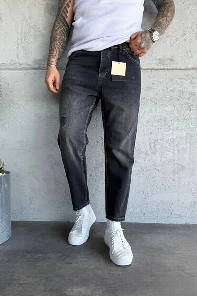 MADZEYMODA Ανδρικό τζιν παντελόνι Boyfriend με σχισμένη λεπτομέρεια σε μαύρο τζιν KE-815