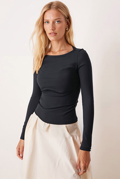 armonika Kadın Füme Kayık Yaka Uzun Kol Body Bluz ARM-26K135013