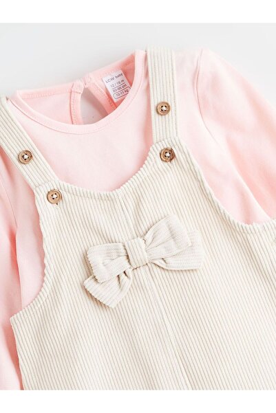 LC Waikiki Velvet Baby Girl Salopet Dress and T-Shirt with Bow Detail