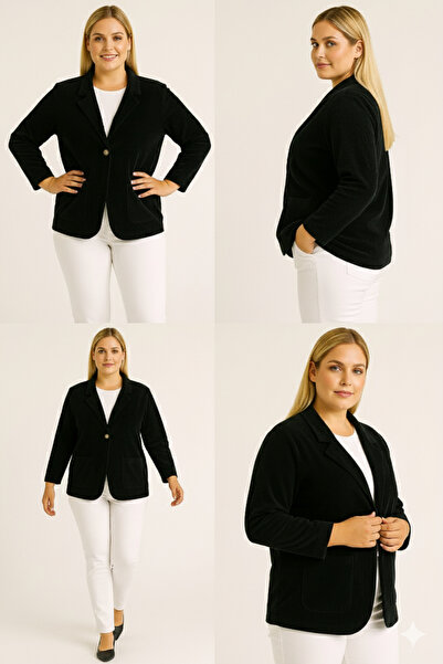 Sibel Günay Butik Kadife İtalyan Kesim Blazer Siyah Kadın Ceket | Standart Beden (48’e Uyumlu)