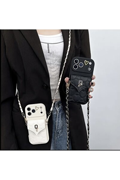 Butikhly Askılı 17 Pro Max Kılıf Askılı Çanta model Krem Renk