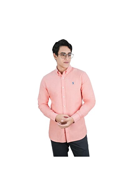 Giordano Men's Cotton Oxford Shirt - Small Lion Embroidery, Slim Fit, Full Button