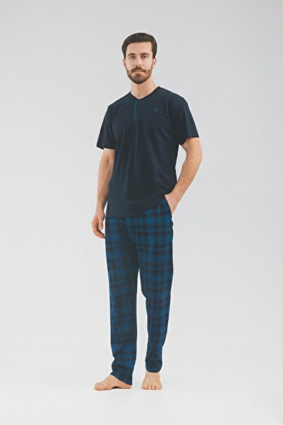 VİENETTA Man Buttoned Pocket Detail Pajama Set-100% Cotton