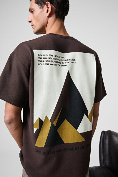 GRIMELANGE Moti Men's Chest and Back Printed 100% Organic Cotton Oversized Fit Crew Neck Brown T-Shirt