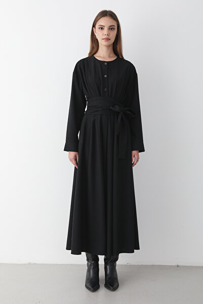 JASTE Γυναικείο μαύρο μάξι φόρεμα με κουμπιά στη μέση