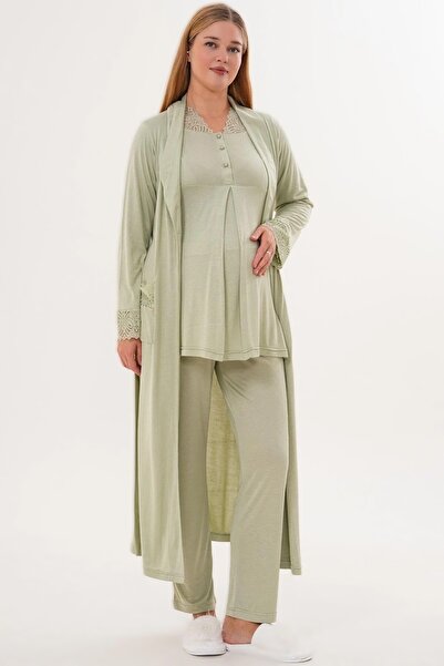 Pelin Women's Long Dressing Gown with Lace Detail and Pockets, Maternity 3-Piece Pajama Set