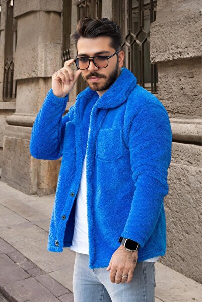 BİRBEYSTORE Плюшевий кардиган унісекс з кишенями, зручний крій, прямий комір, синій