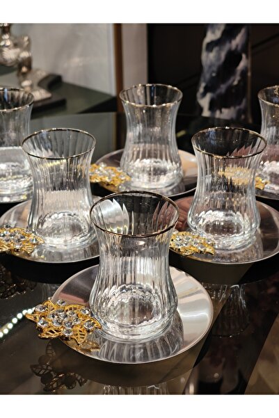 P&ORA PREMIUM KITCHEN PRODUCTS Brosh Series Metal Plate, Platinum Gilt Crystal Cup Tea Set for 6 Person