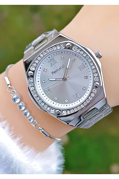 Ferrucci Silver Color Dial Zircon Stone Steel Band Women's Wristwatch with Bracelet Gift