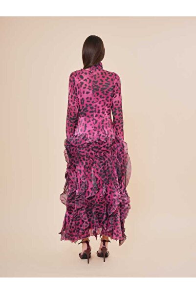 SERPİL Leopar Desenli Fırfır Detaylı Şifon Uzun Elbise 50579