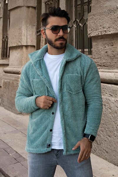 BİRBEYSTORE Plush Cardigan Unisex Model with Pockets Comfortable Fit Mock Neck Mint