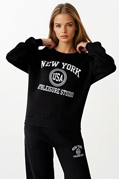 VAGGON Women's Black Printed Oversized Sweatshirt and Wide Leg 3 Thread Tracksuit Set Vs01403