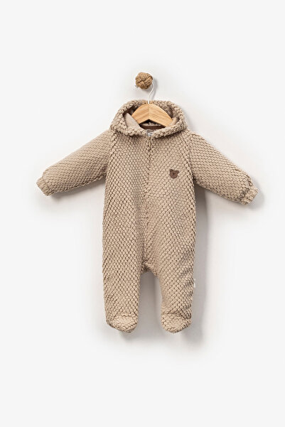 mini mia Baby Zippered Hooded Welsoft Soft Embossed Romper with Teddy Bear Emblem