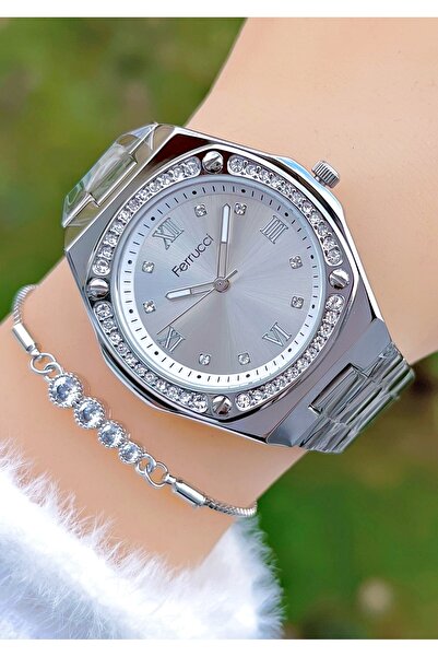Ferrucci Silver Color Dial Zircon Stone Steel Band Women's Wristwatch with Br...