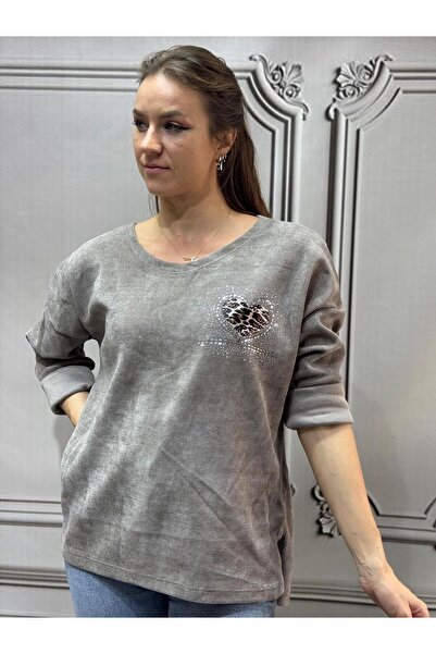 Butik Ayseba Kadın İtalyan Fitilli Kadife Taşlı Leopar Desenli Uzun Kollu Bluz
