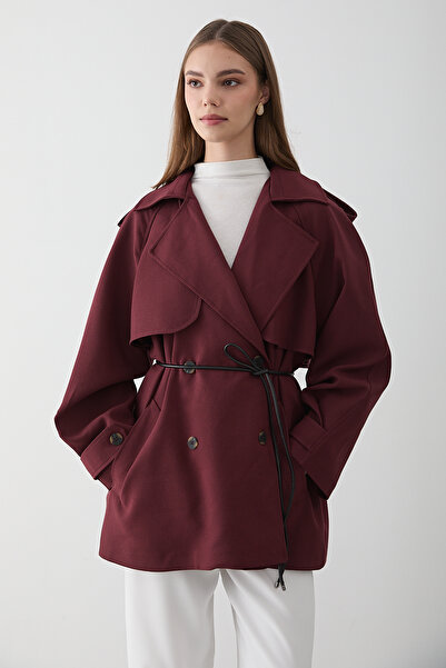JASTE Kadın Bordo Kruvaze Yaka Astarlı Kemer Detaylı Trençkot