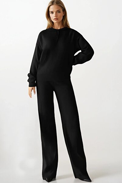 VAGGON Women's Black Hooded Sweatshirt and Palazzo Pants Knitwear Set Vs01401