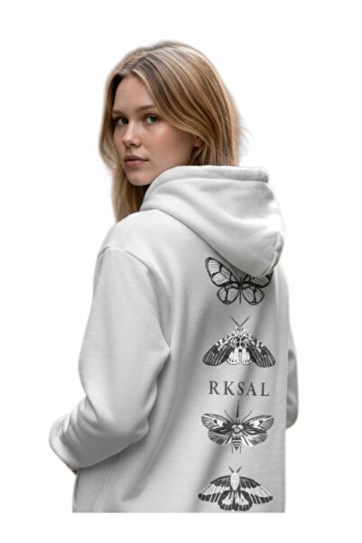 kadın 3 rengi kelebek rksal baskısı oversize kapüşonlu sweatshirt