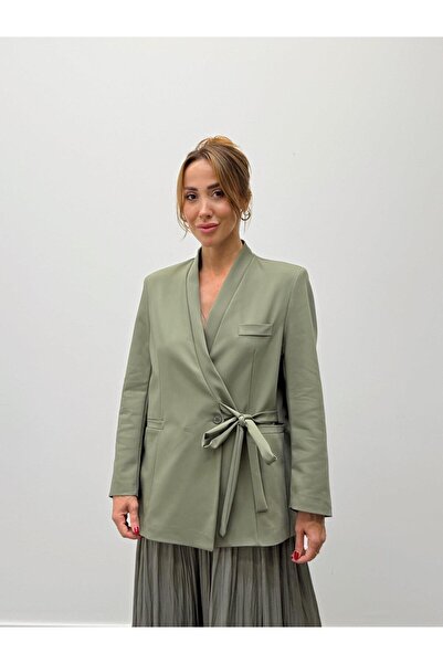Maldia Shop Women's Double-Breasted Belted Tie-Up Khaki Jacket
