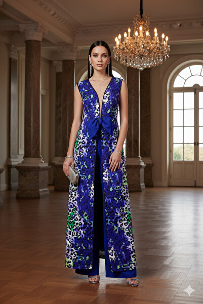 Robes Leopar Desenli Uzun Yelek | Siyah Kuşak Detaylı | Astarlı Kolsuz Ceket Elbise-7009