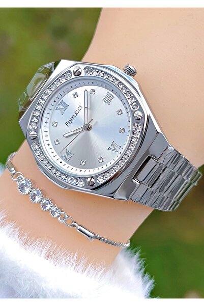 Ferrucci Silver Color Dial Zircon Stone Steel Band Women's Wristwatch with Bracelet Gift