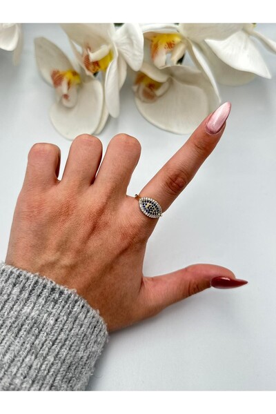 MyladyAccessoriess خاتم بتفاصيل حجر الزركون الأزرق (مطلي بالنحاس) (قابل للتعديل)