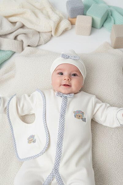 Haus Violett %100 Pamuk, 3-6 Aylık, Babyshower Hediyelik, Mavi Kareli Papyon ...