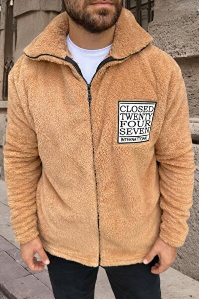 BİRBEYSTORE Plush Cardigan Unisex Model with Pockets Comfortable Fit Mock Neck Beige