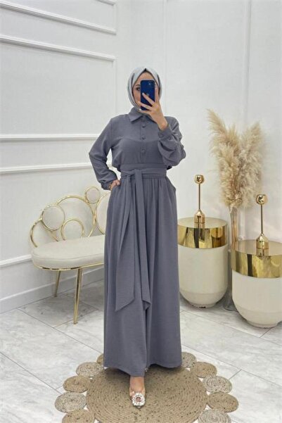 Dipmoda kadın kuşaklı gömlek yaka salaş tesettür tulum NMS010