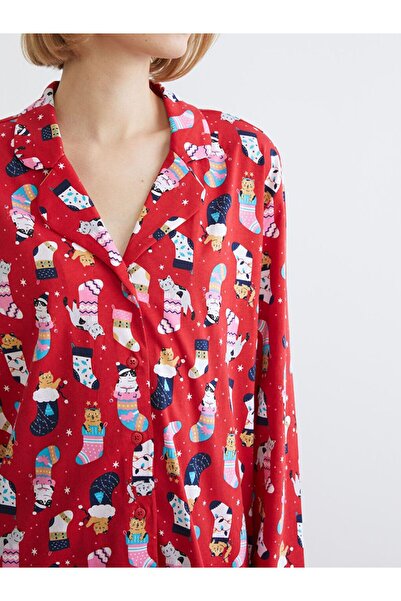 LC Waikiki Gömlek Yaka Yılbaşı Temalı Kadın Pijama Takımı