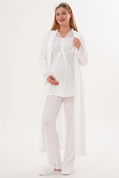 Pelin Women's Long Dressing Gown with Lace Detail and Pockets, Maternity 3-Pi...