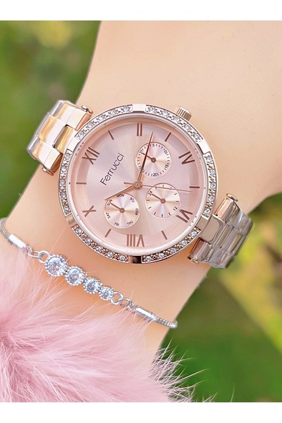 Ferrucci Rose Gold Color Dial Zircon Stone Steel Band Women's Wristwatch with Bracelet Gift