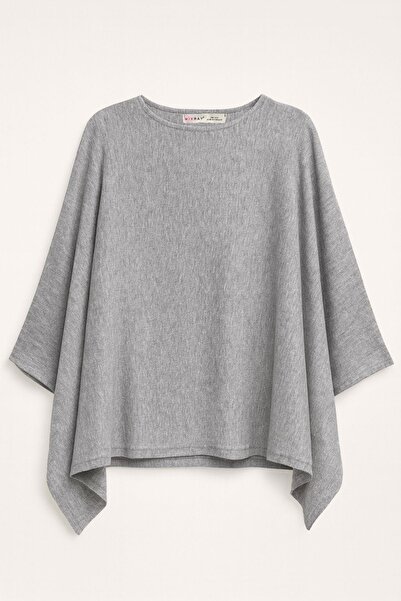 Mixray 6984 Kadın Yumuşak Dokulu Triko Panço Kazak Gri