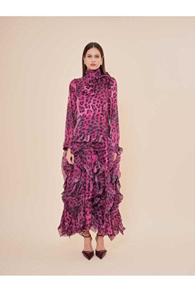 SERPİL Leopar Desenli Fırfır Detaylı Şifon Uzun Elbise 50579