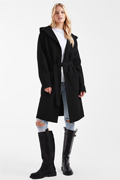 armonika Kadın Siyah Beli Kuşaklı Cepli Kapüşonlu Oversize Kaşe Kaban ARM-26K001025