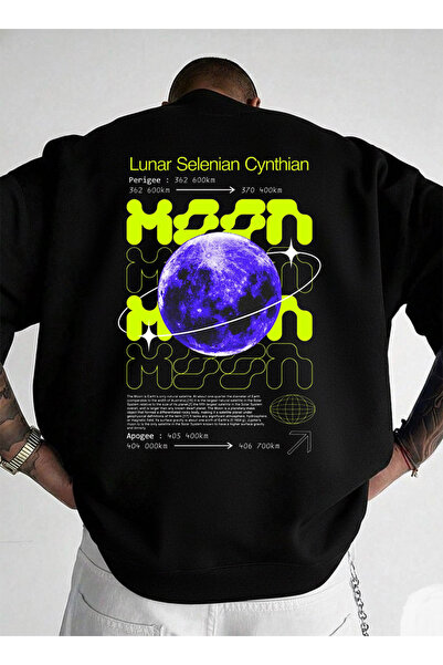 LORVEX MOON YELLOW Pulover imprimat tricou Unisex Oversize Negru cu guler rotund