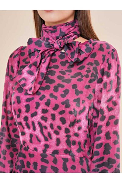 SERPİL Leopar Desenli Fırfır Detaylı Şifon Uzun Elbise 50579