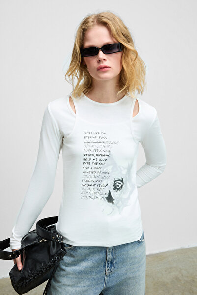 GRIMELANGE ZARABI Kadın Yumuşak Kumaşlı Halter Yakalı Uzun Kollu Beyaz T-Shirt