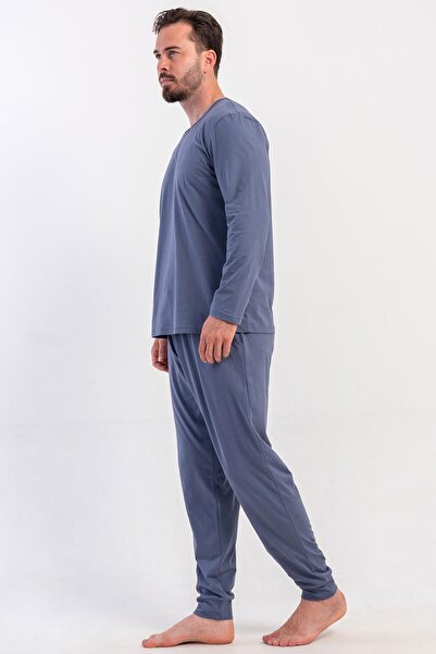 VİENETTA Men's Smoked Long Sleeve Crew Neck Combed Cotton Pajama Set C8T5N0405