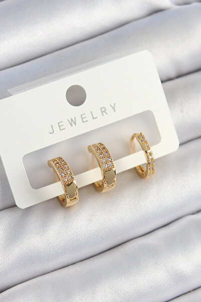 Skygo Brass Zircon Stone Ring Model Gold Color 3-Piece Double Women's Earring Set - Tj-Bkp10838