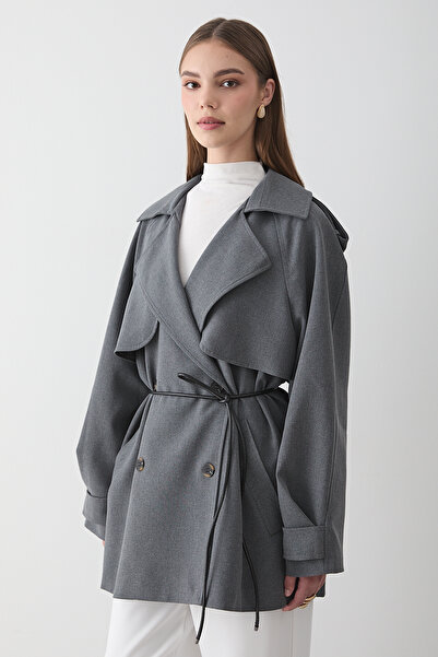 JASTE Kadın Antrasit Kruvaze Yaka Astarlı Kemer Detaylı Trençkot