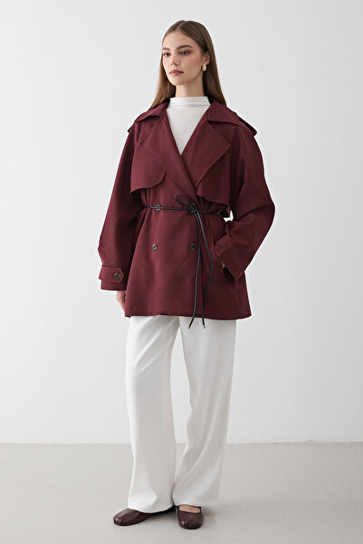 JASTE Kadın Bordo Kruvaze Yaka Astarlı Kemer Detaylı Trençkot