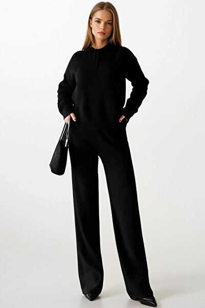 VAGGON Women's Black Hooded Sweatshirt and Palazzo Pants Knitwear Set Vs01401