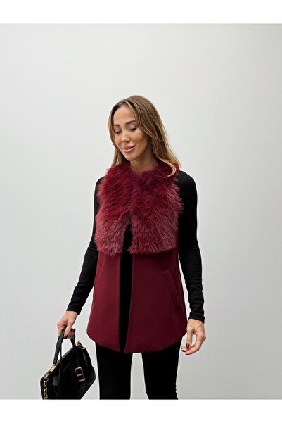 Maldia Shop Women's Fur Detailed Cashmere Burgundy Vest