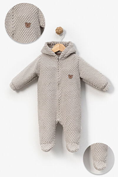 mini mia Baby Zippered Hooded Welsoft Soft Embossed Romper with Teddy Bear Emblem